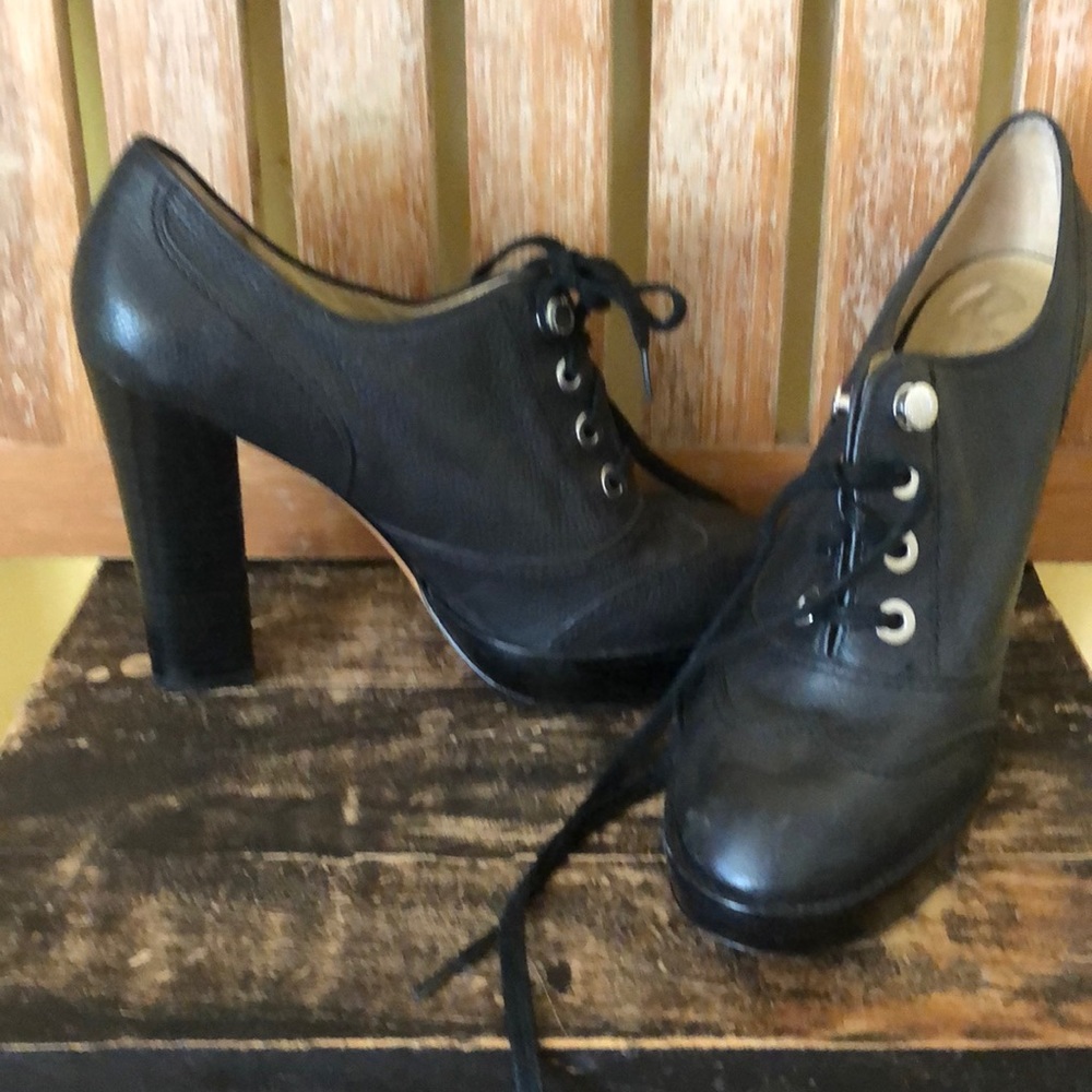 Black leather Coach Heeled Mary Janes